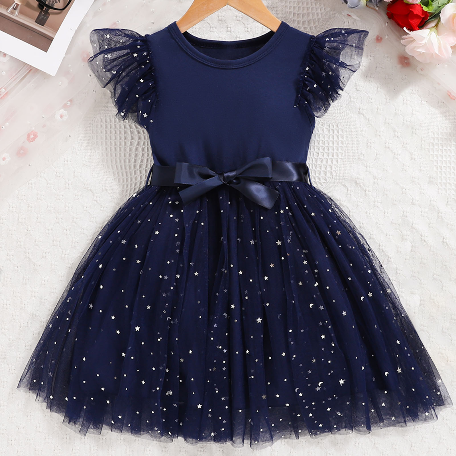 MKOSPLRT Flower Girl Dresses for Wedding Ruffle Sleeve Sparkly Mesh Midi Dress Casual Birthday Party Swing Dress Solid Formal Dresses